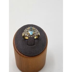 Vintage Glass Blue Topaz Color Halo Ring Gold Tone Statement